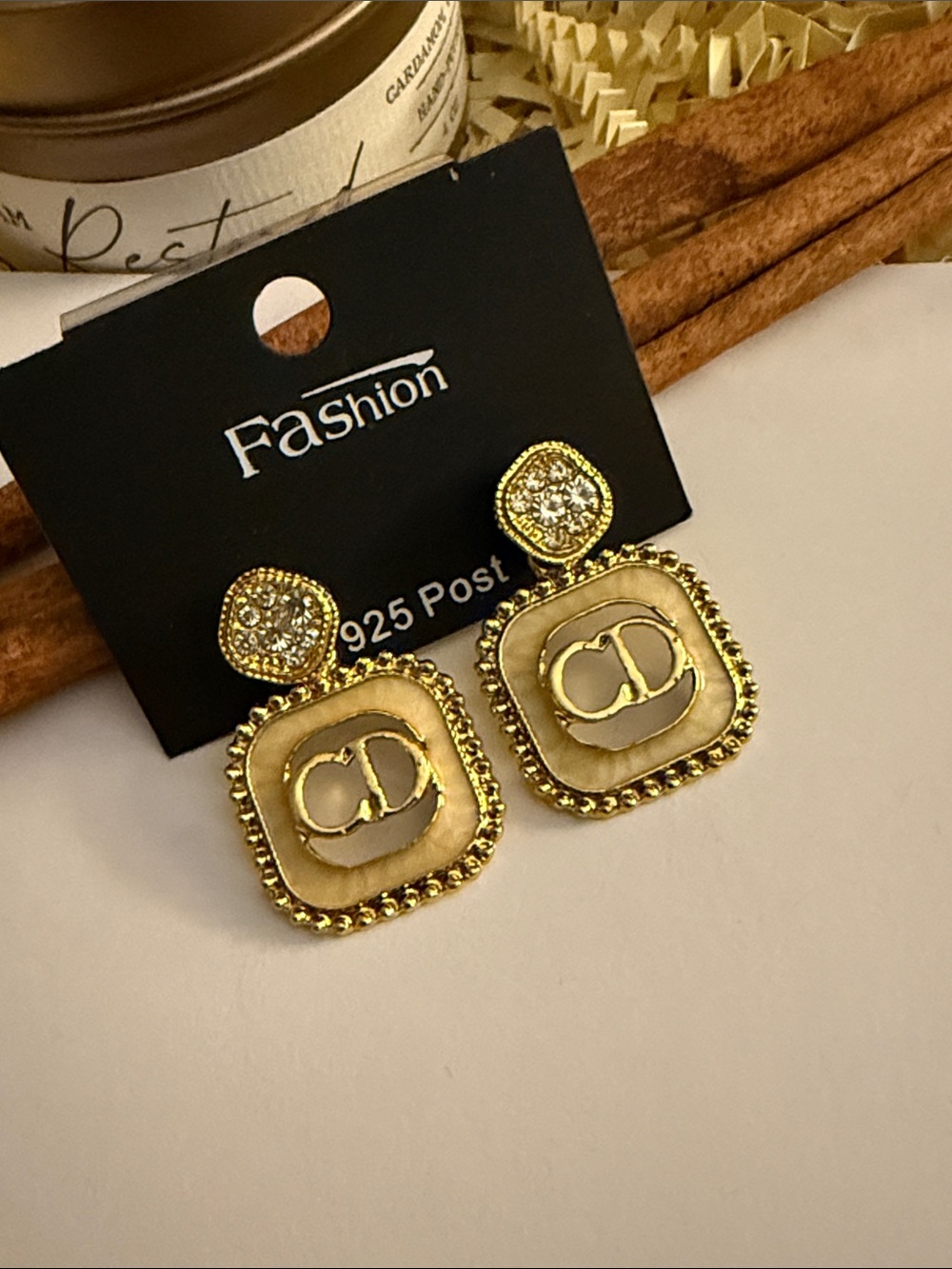 Fashion Jewelry Gold and Cream Square Drop Earrings with Crystal Studs